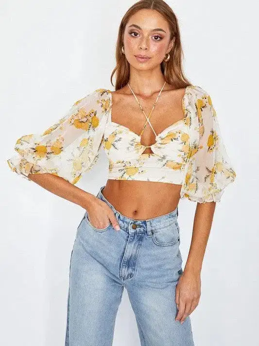 Fearless and Fabulous Chiffon Balloon Sleeved Bustier Crop Top