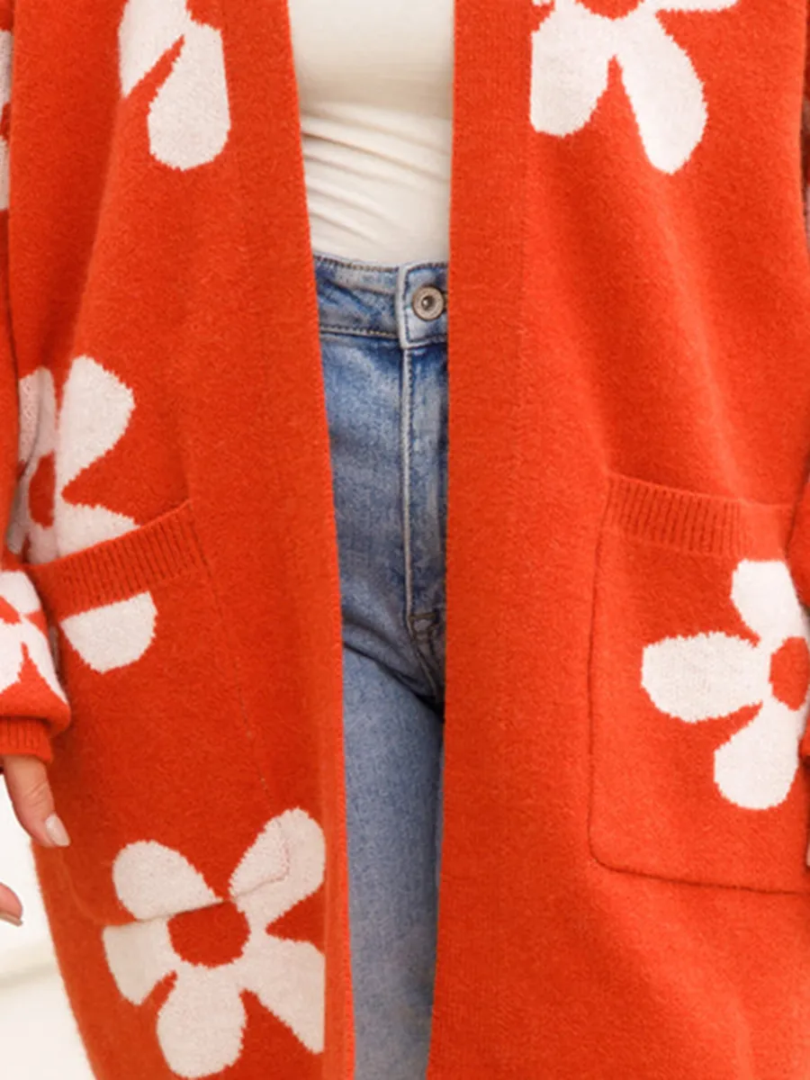 Flower Patterned Red Sweater Cardigan