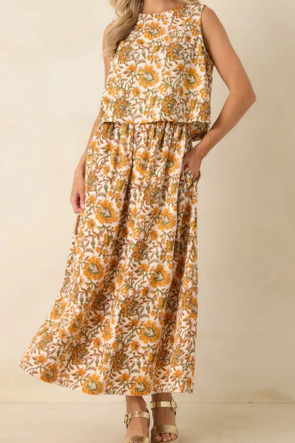 To Love Marigold Floral Cotton Maxi Skirt