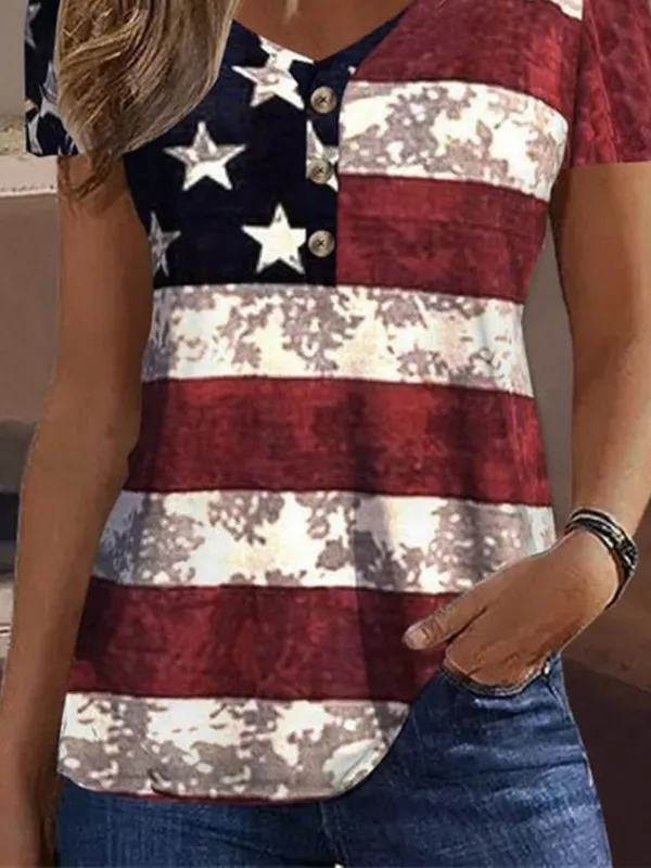 Flag V Neck Buckle Casual Shirt