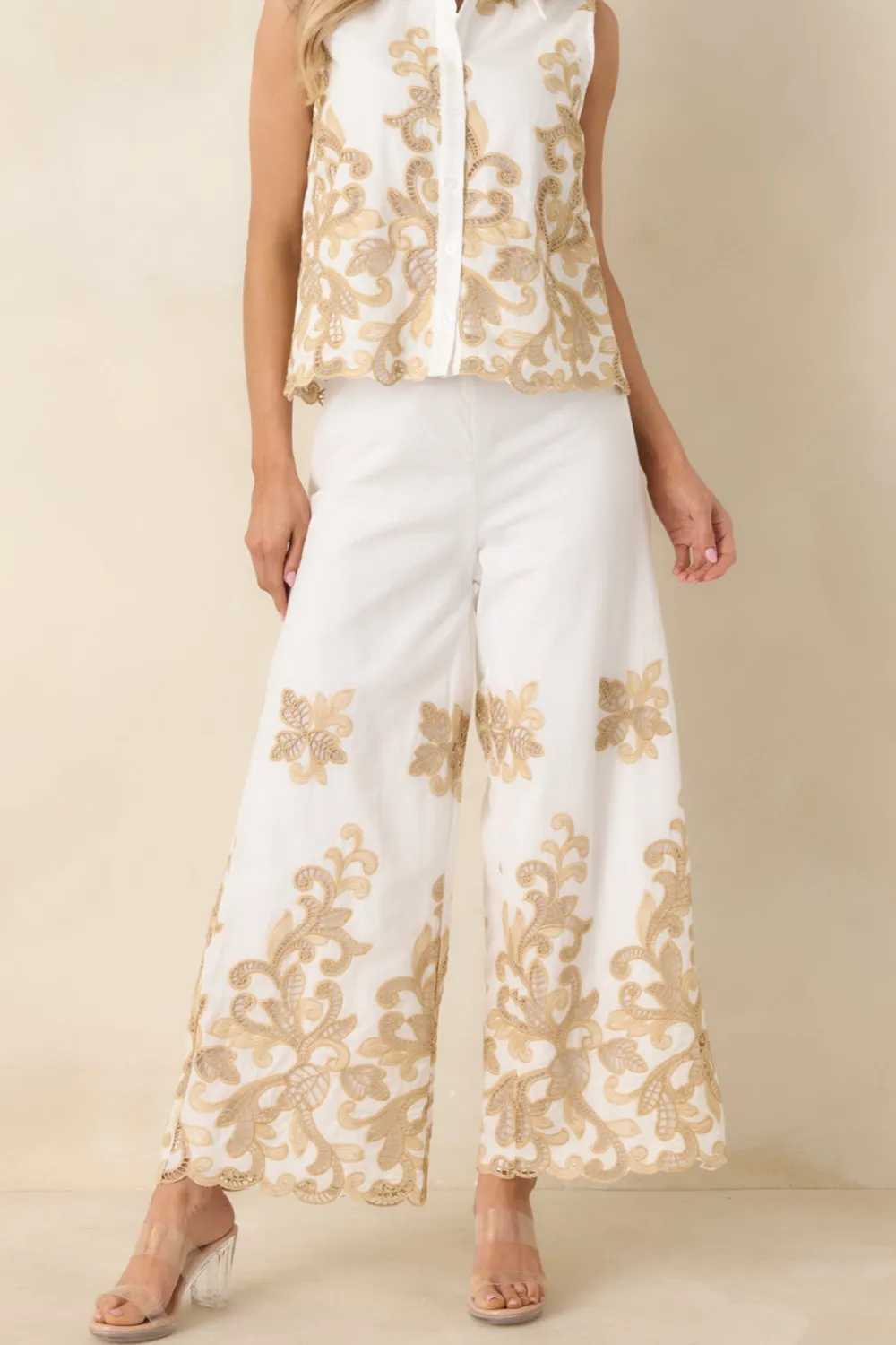 Cotton Lace Applique Wide Leg Pants
