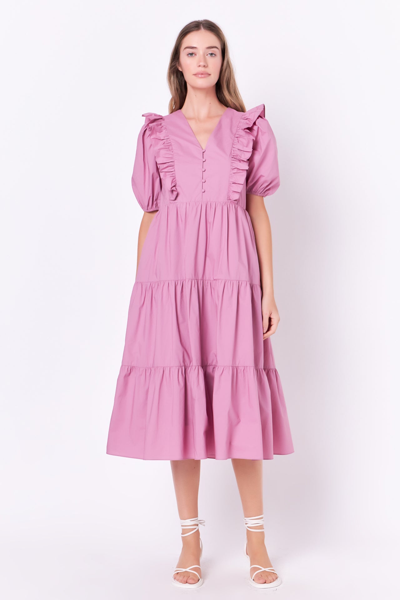 Ruffle Detail Puff Sleeve Midi Dress