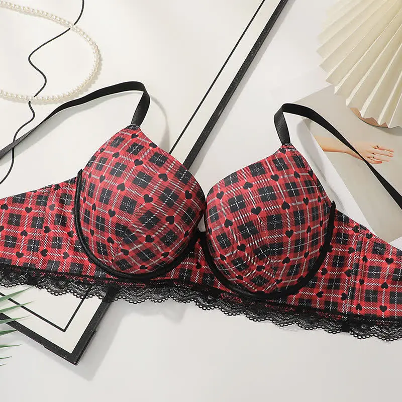 Plaid Heart Underwire Bra Push Bra
