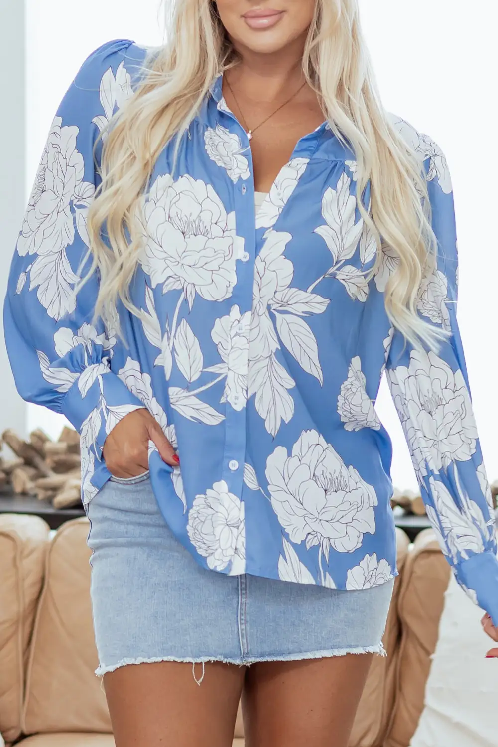 Floral Pleated Button Front Shirt Blouse