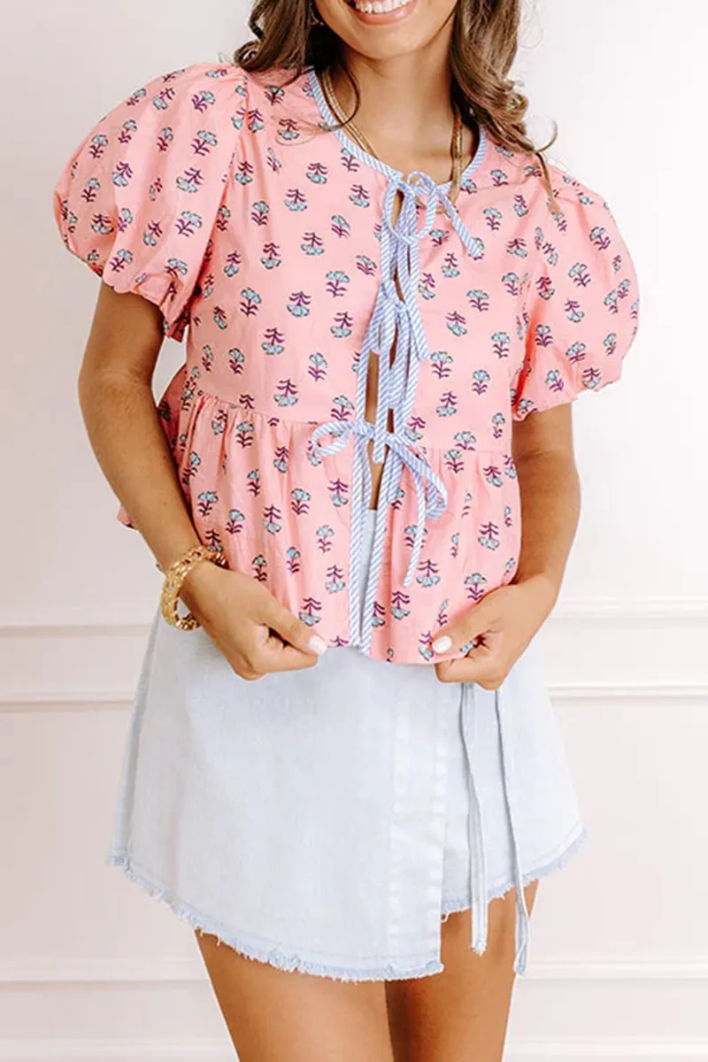 Round Neck Tie Fashion Women's Puff Sleeve Top
