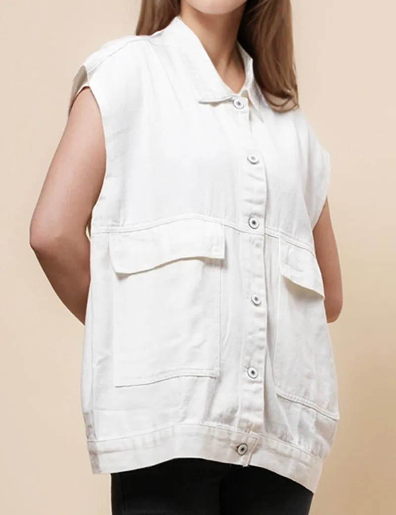Button Front Turndown Collar Sleeveless Denim Vest