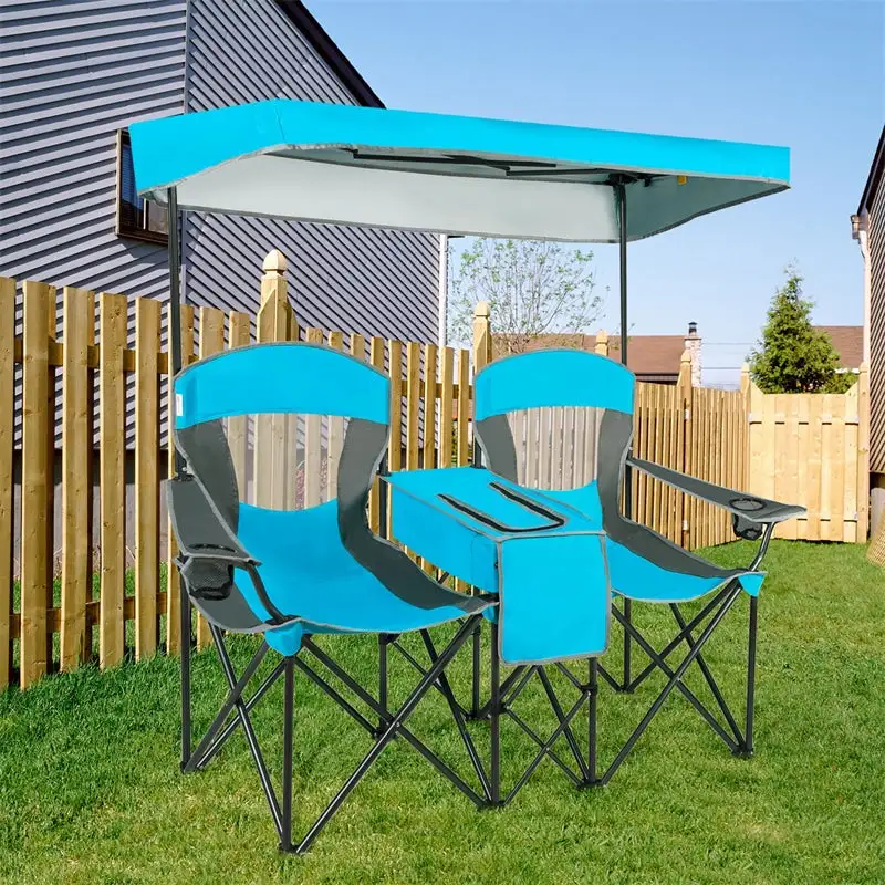 Folding Double Camping Chairs with Shade Canopy Portable Beach Chairs with Cup Holder