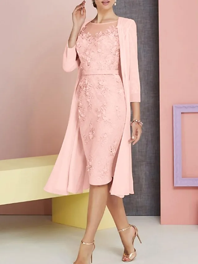 Two Piece Sheath Mother of the Bride Dress Pink Wedding Guest Church Elegant Vintage Plus Size Bateau Neck Knee Length Chiffon Lace 3/4 Length Sleeve Jacket Dresses with Appliques 2024