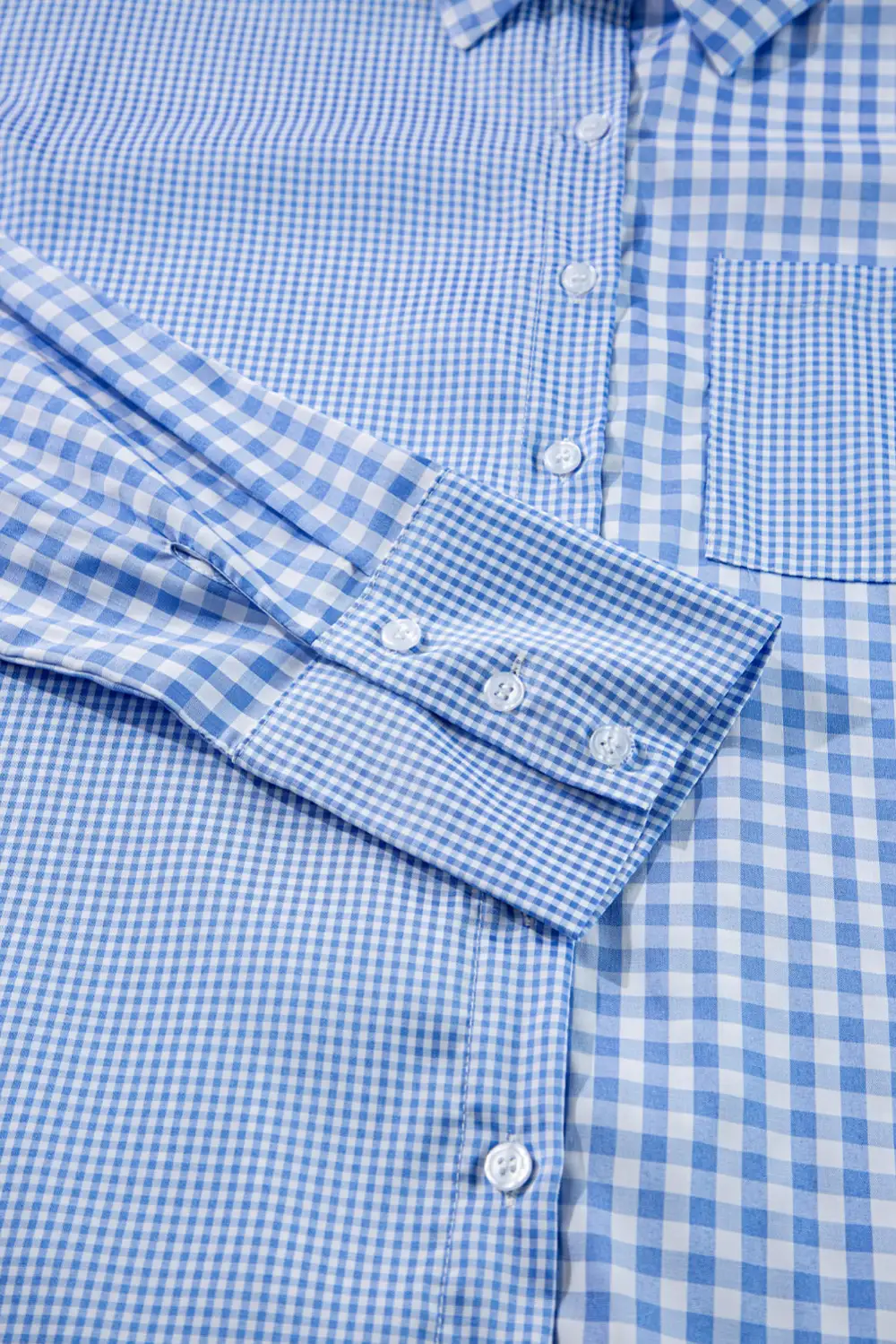 Sky Blue Stripe Plaid Patchwork Button Up Long Sleeve Shirt