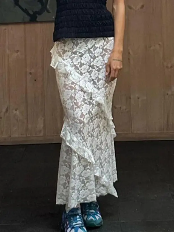 Sheer Lace Midi Skirt