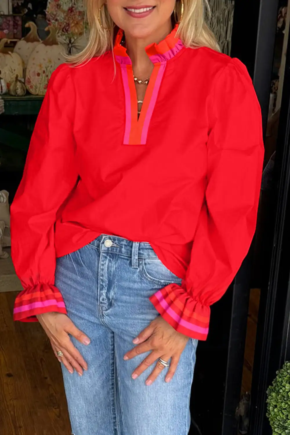 Ruffle Sleeve Long Sleeve Blouse