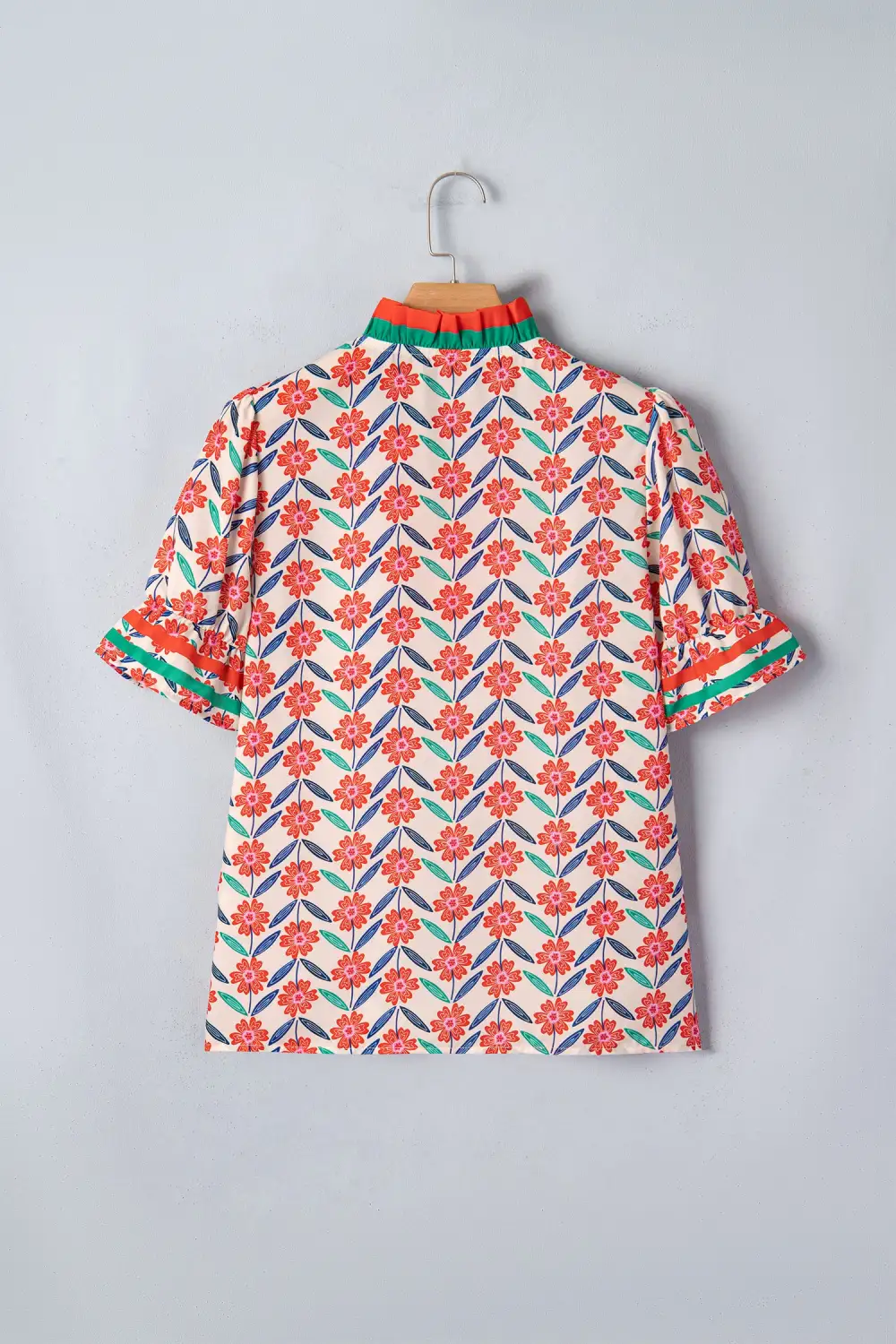 Red Floral Print Striped Detail V Neck Ruffled Short Sleeve Blouse