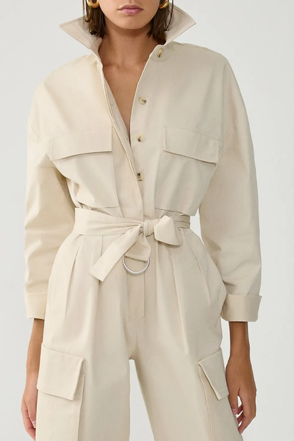 Long Sleeve Jumpsuit-Beige