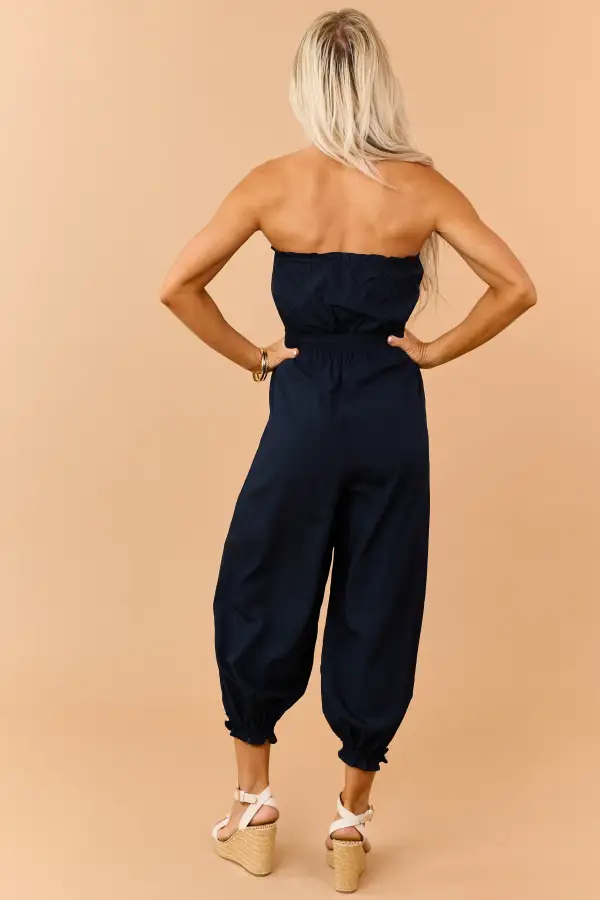 Navy Strapless Balloon Leg Ruffle Trim