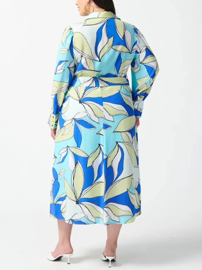 Blue and White Leaf Print Shirt Dress