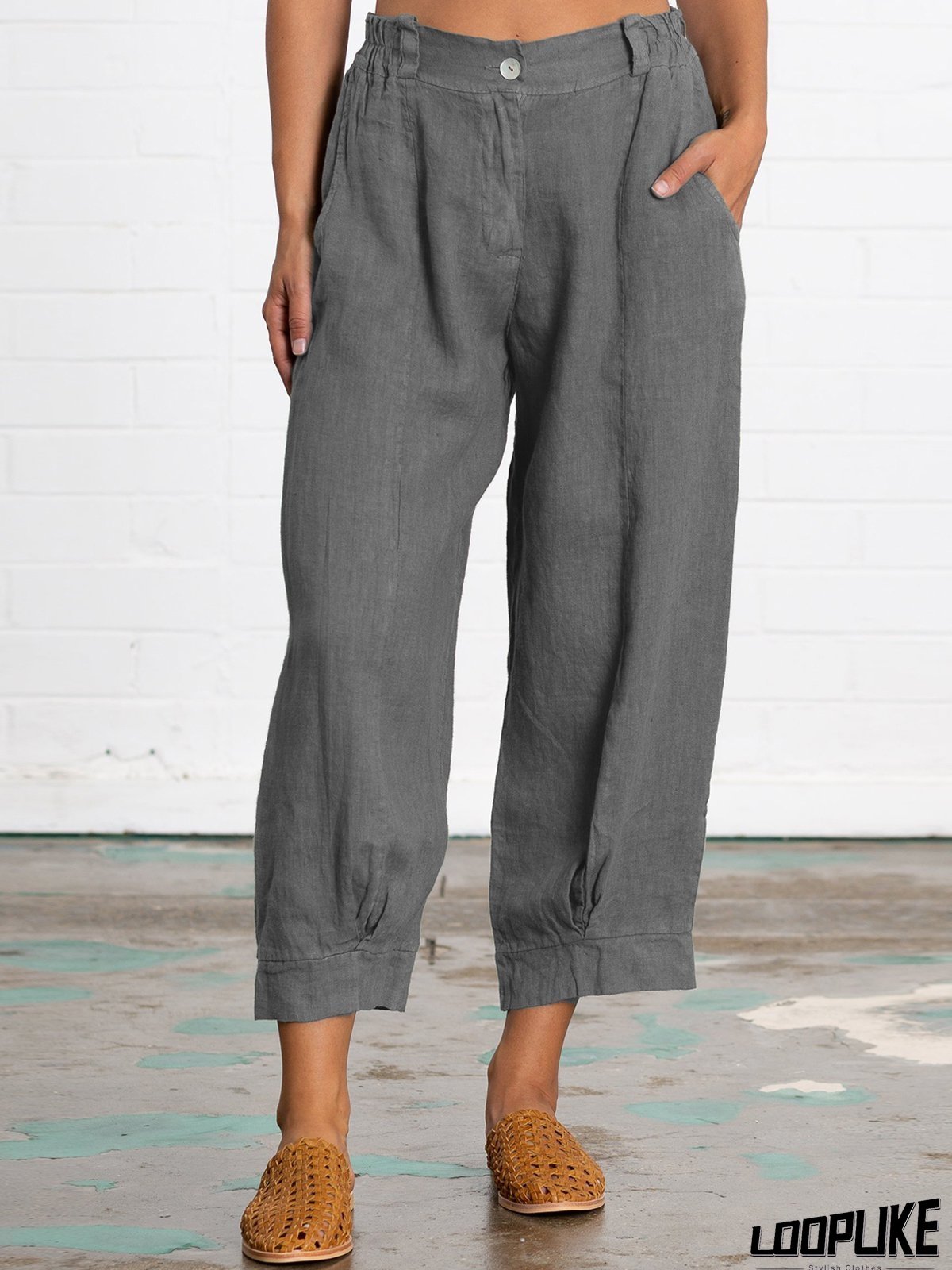 Linen Women Loose Capri Pants With Pockets