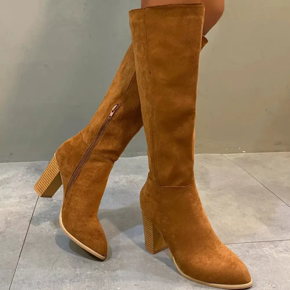 Textured Pointed Toe Block Heel Boots