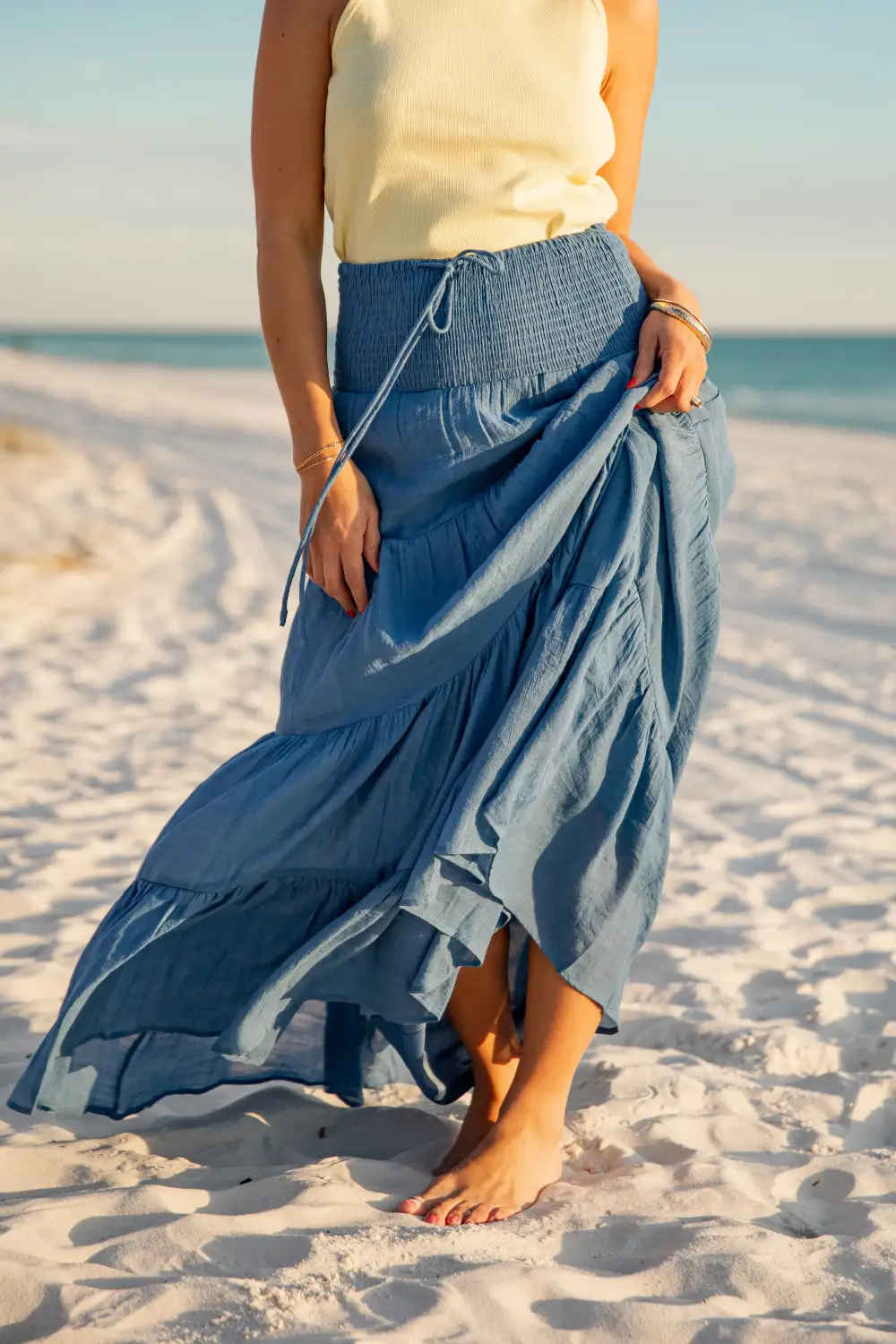 Mid Rise Smocked Tiered Maxi Skirt