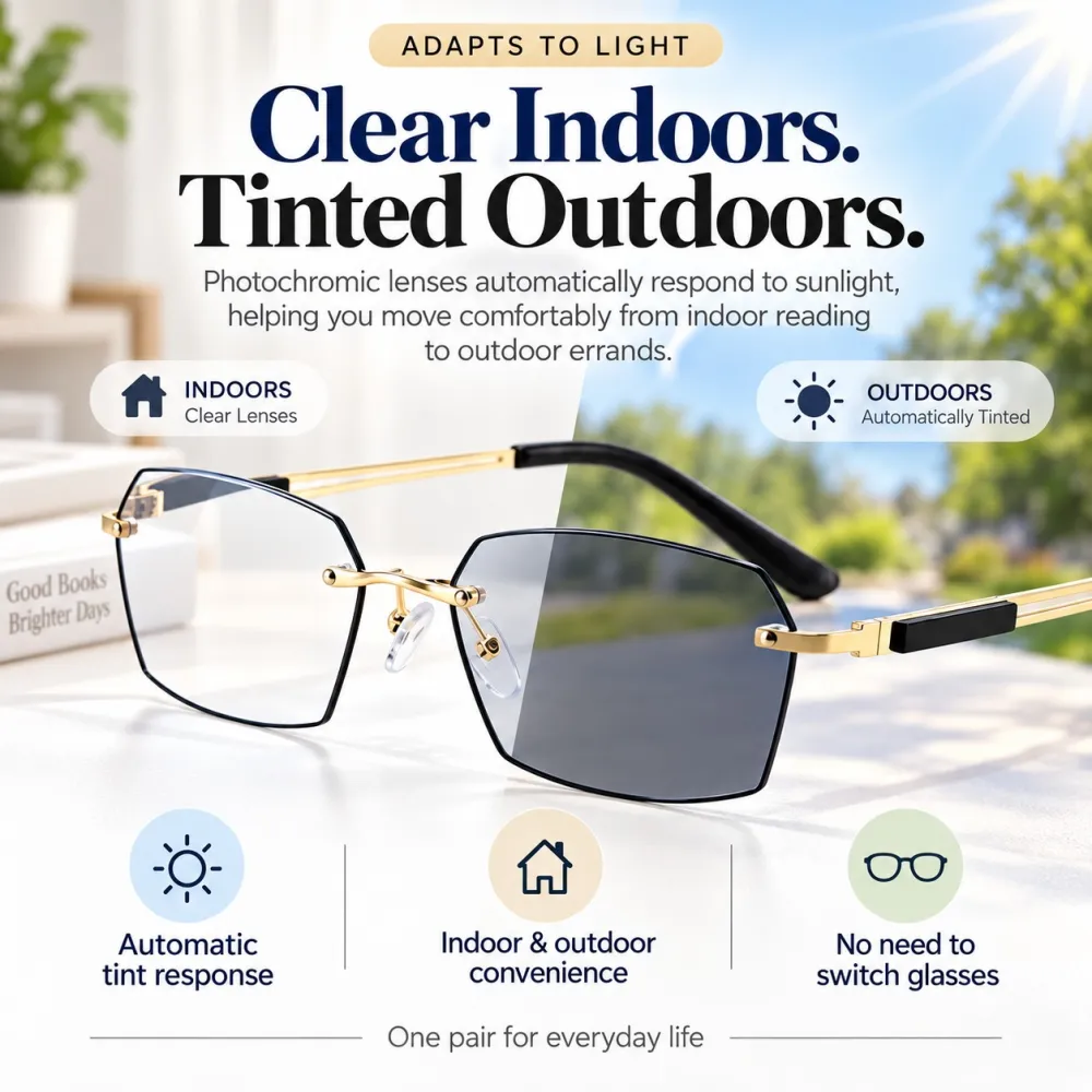 👓 Auto-Tint Senior Readers – BlueLight Blocking + UV Protection, Lightweight Metal Frame