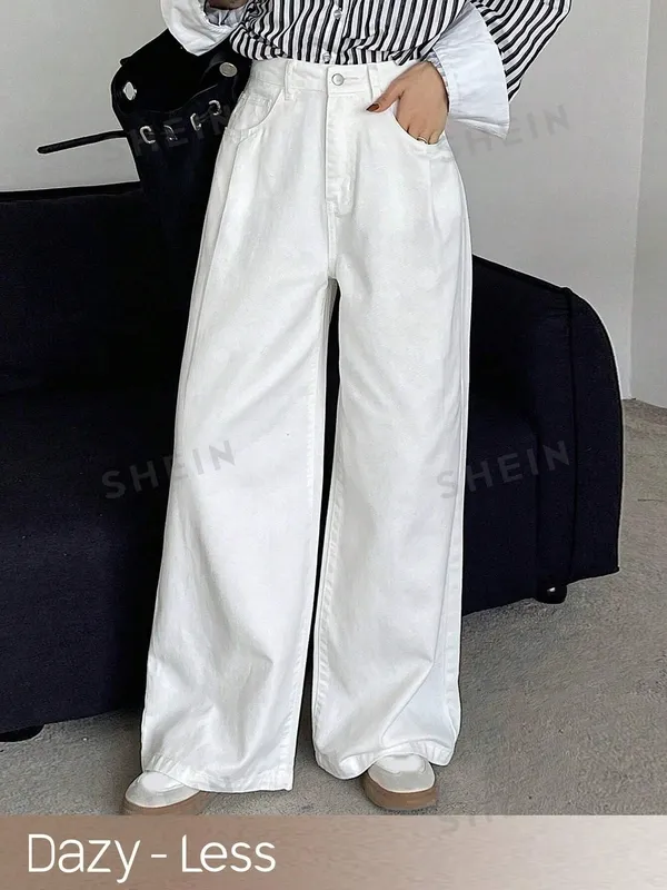 Women's Wide-Leg Pocket Button Zipper Jeans
