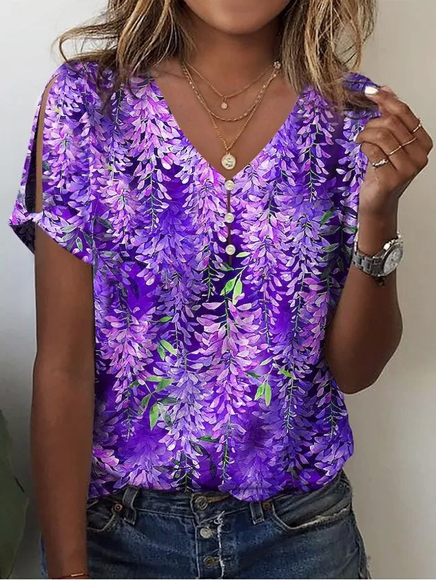 Casual Floral Print Cut Out Twist Detail Sleeve V Neck T-Shirt