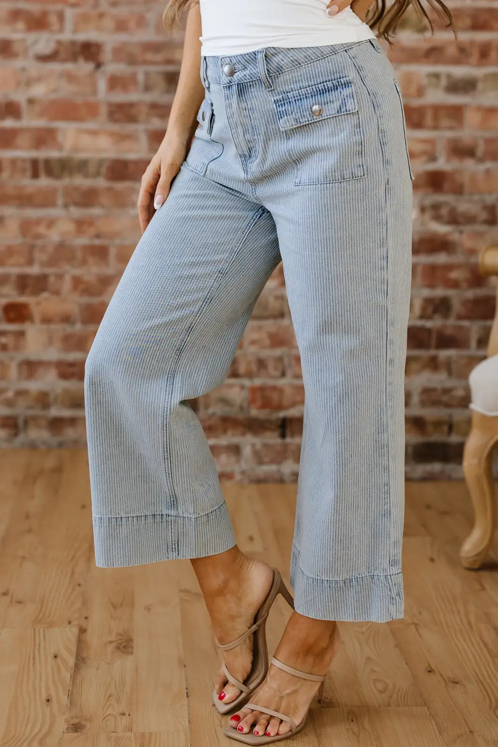 Stripe Button Flap Pocket Cuffed Hem Wide Leg Jeans