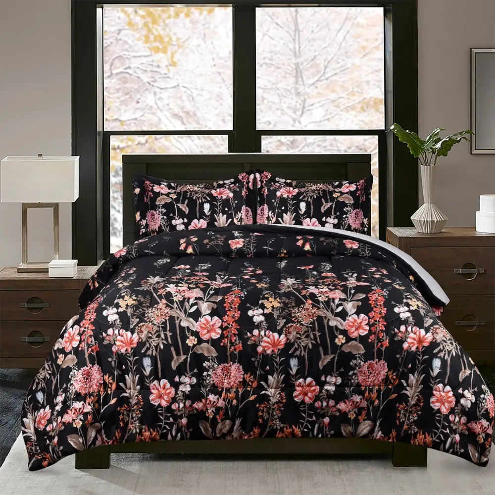 HIG 3 Piece Bohemian Floral Print Comforter Set for Queen King Bed, Pastoral Style Lightweight Duvet Set for Bedroom Decor