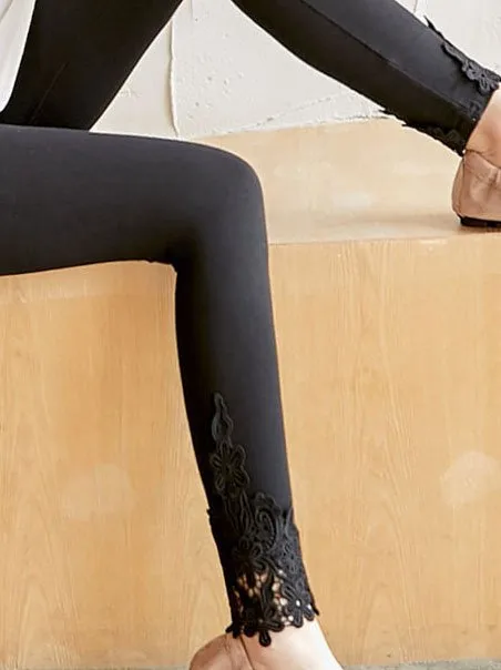 Casual Plain Lace Edge Natural Ankle Pants Legging