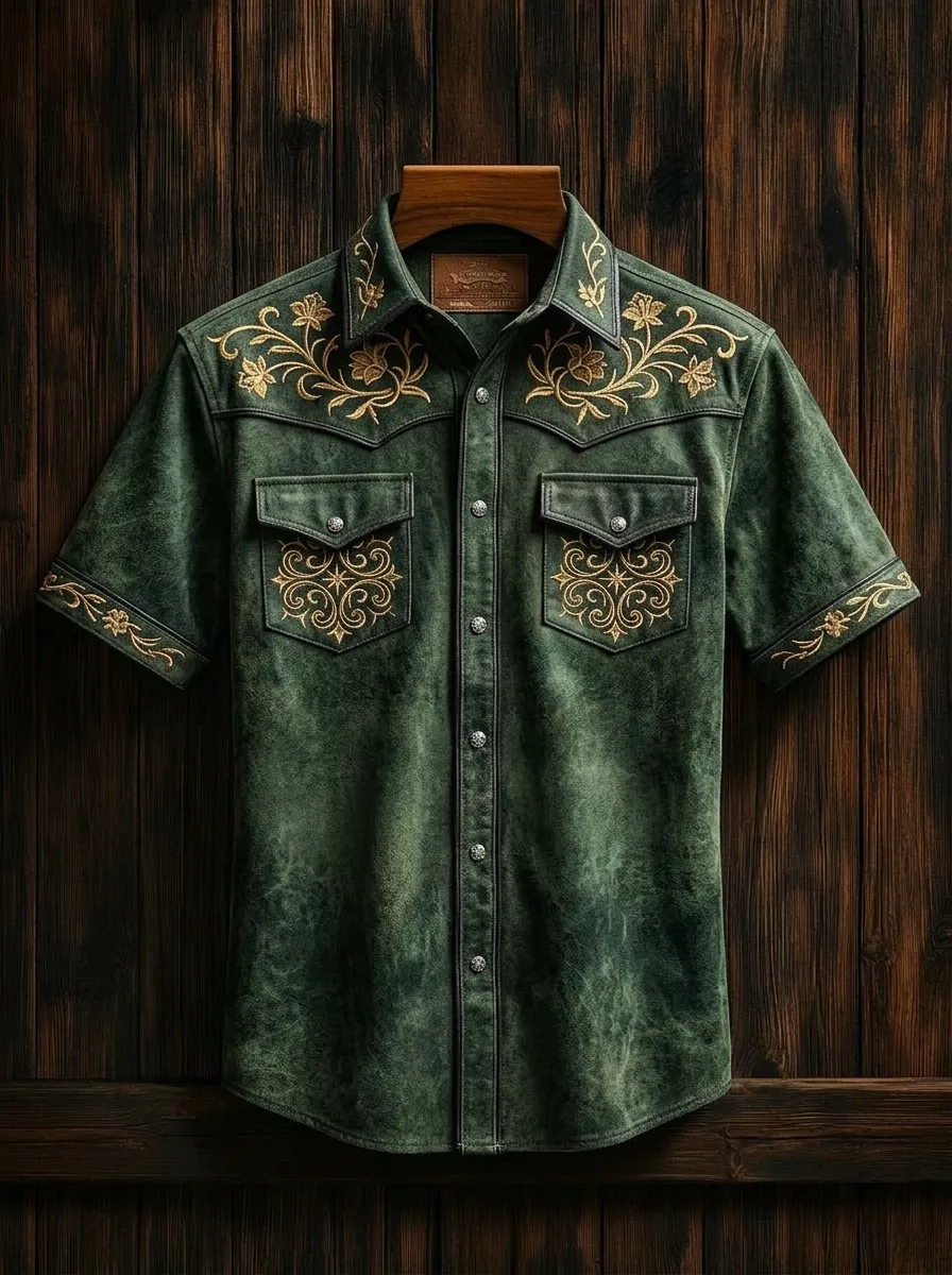 Men's Western Style Floral Embroidery Printed Shirt