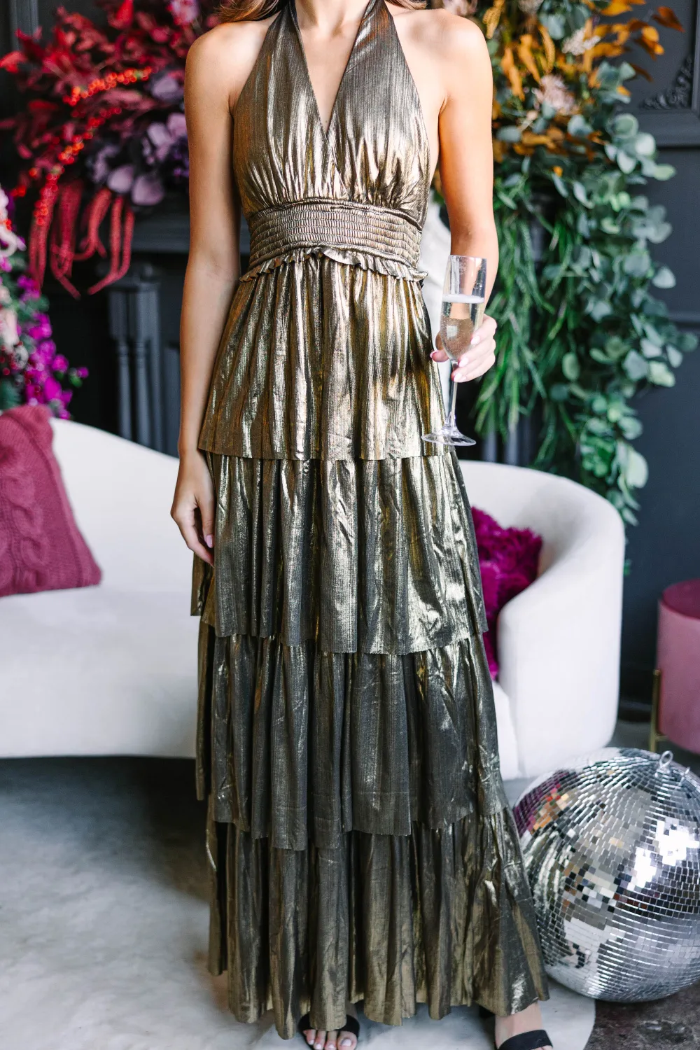 You're A Winner Gold Metallic Maxi Dress