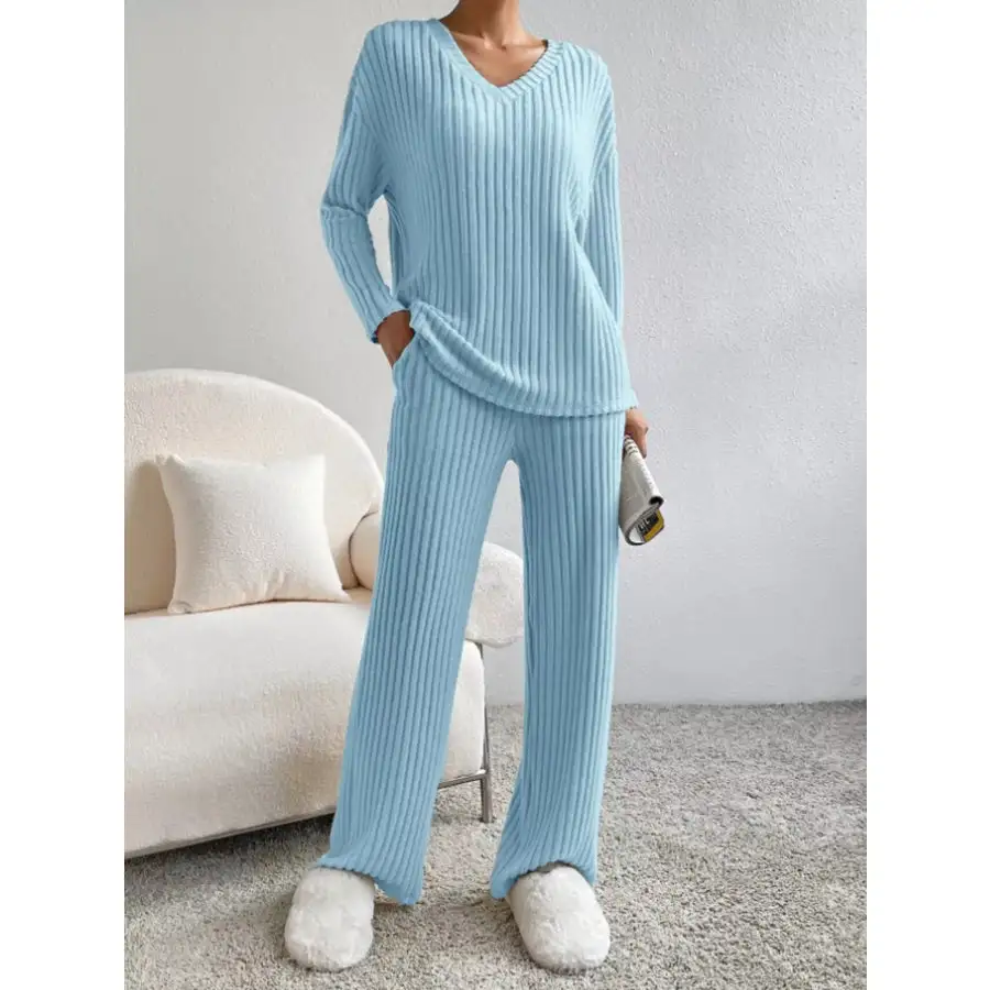 Ribbed Knit Long Sleeve Top and Pants Set