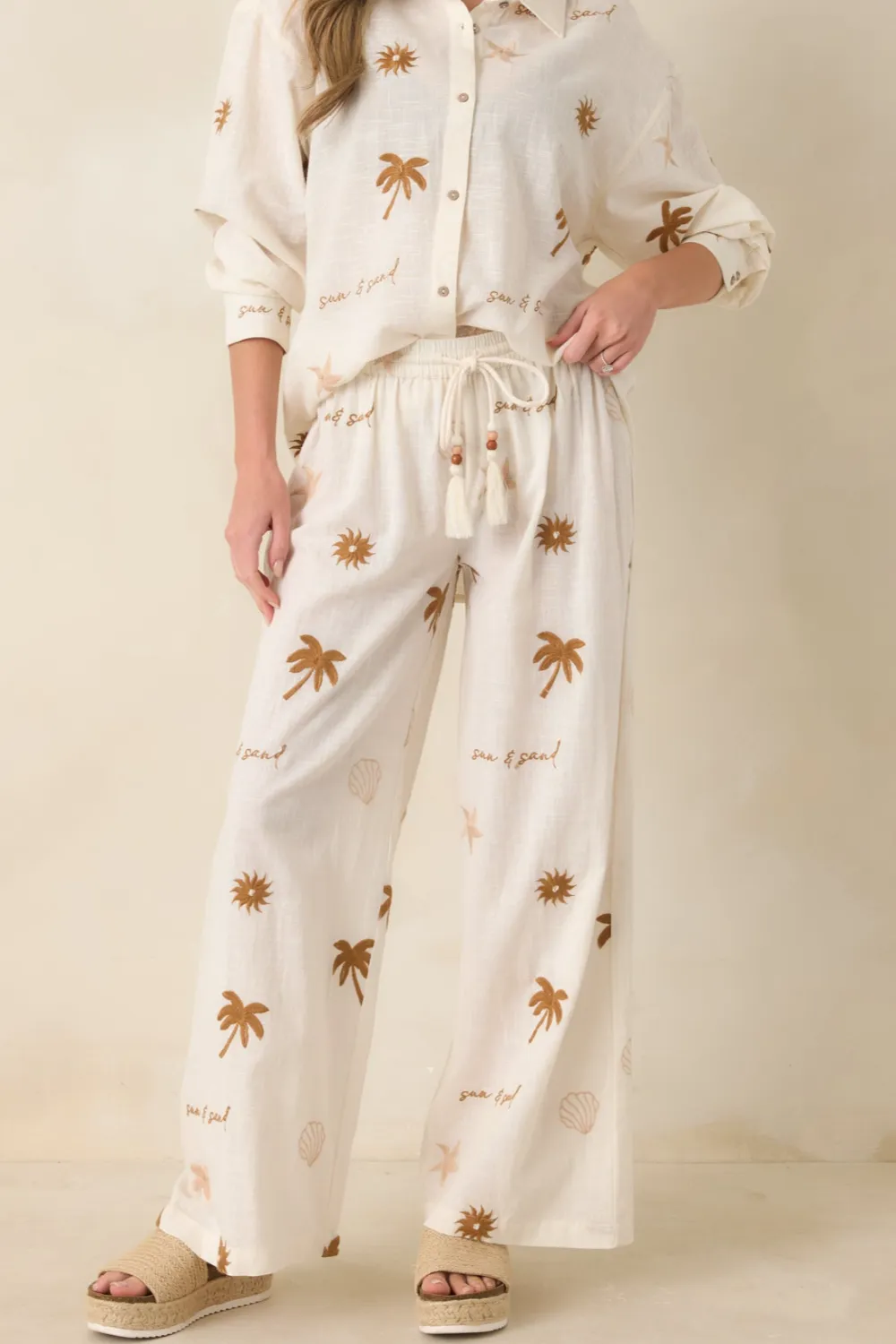 Coastal Embroidered Cotton Wide Leg Pants