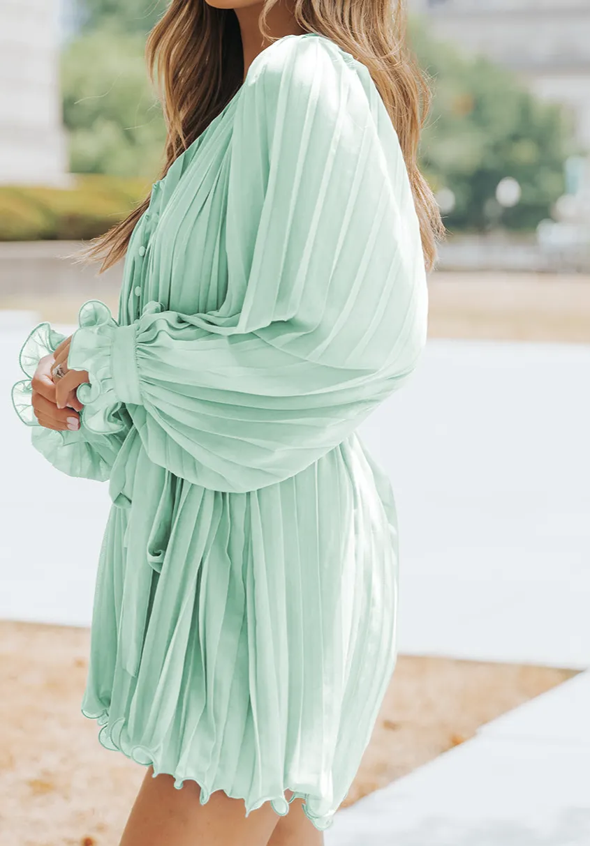 Pleated Ruffled Tie Waist Buttons V Neck Romper