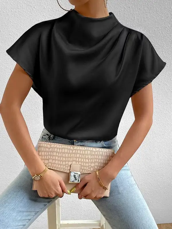 Relaxed Short Sleeve Pleat Detail Mock Neck T-Shirt