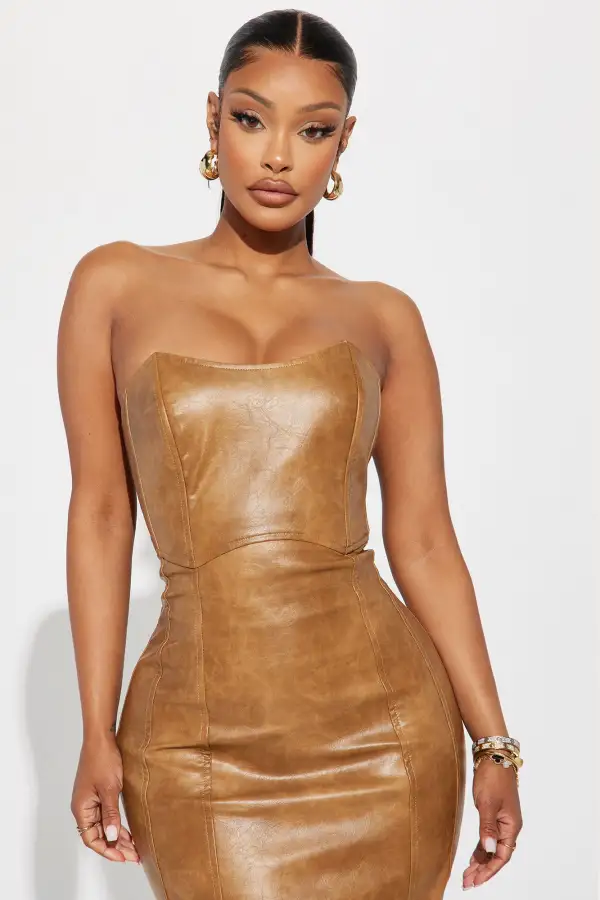Skylar Leather Midi Dress - Brown