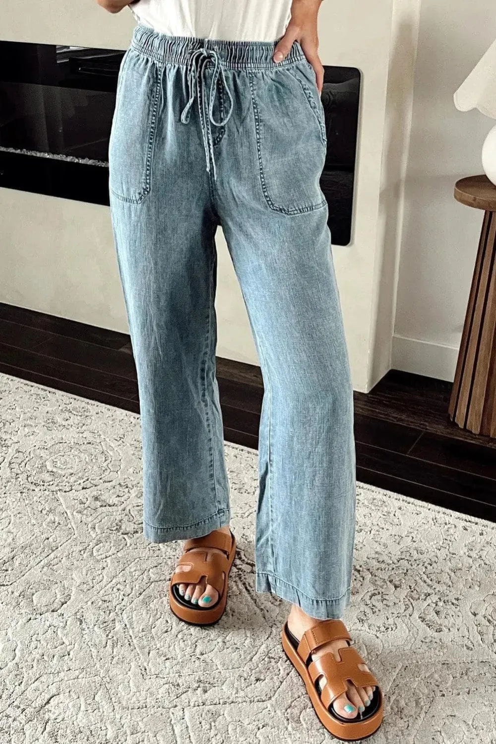 Loose Drawstring Myosotis Mineral Waist Straight Jeans