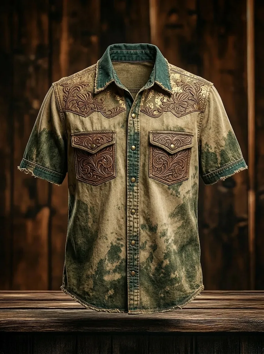 Men's Western Style Floral Tooled Leather Print Acid Wash Shirt