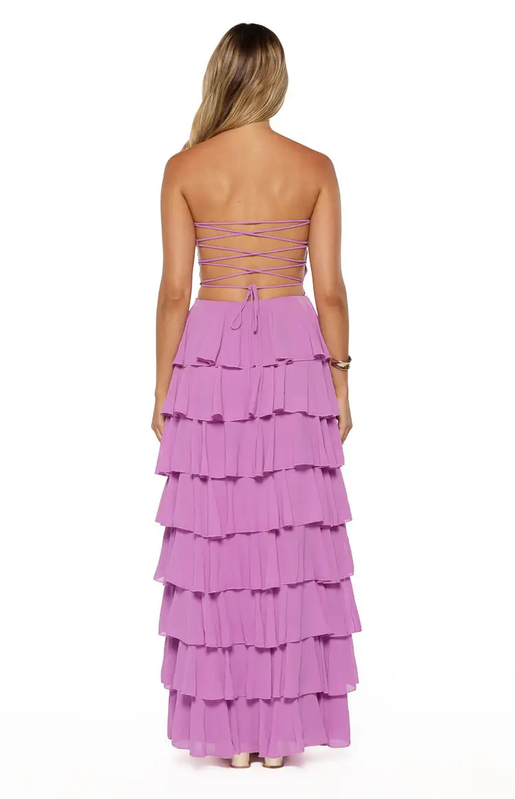 Strapless Ruffle Frills Magenta Maxi Dress