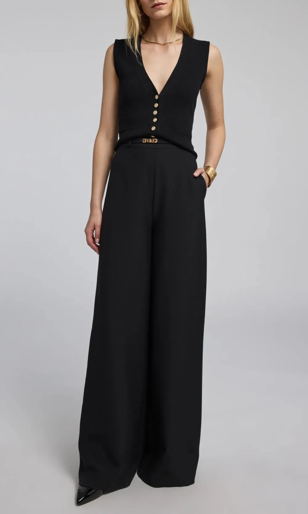 Black Drop Button Wide Leg Trousers