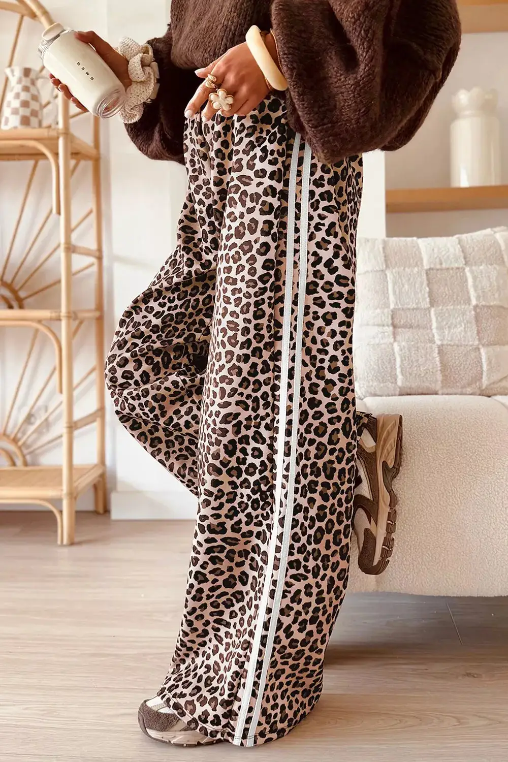 Leopard Print Side Striped Detail Casual Wide Leg Pants