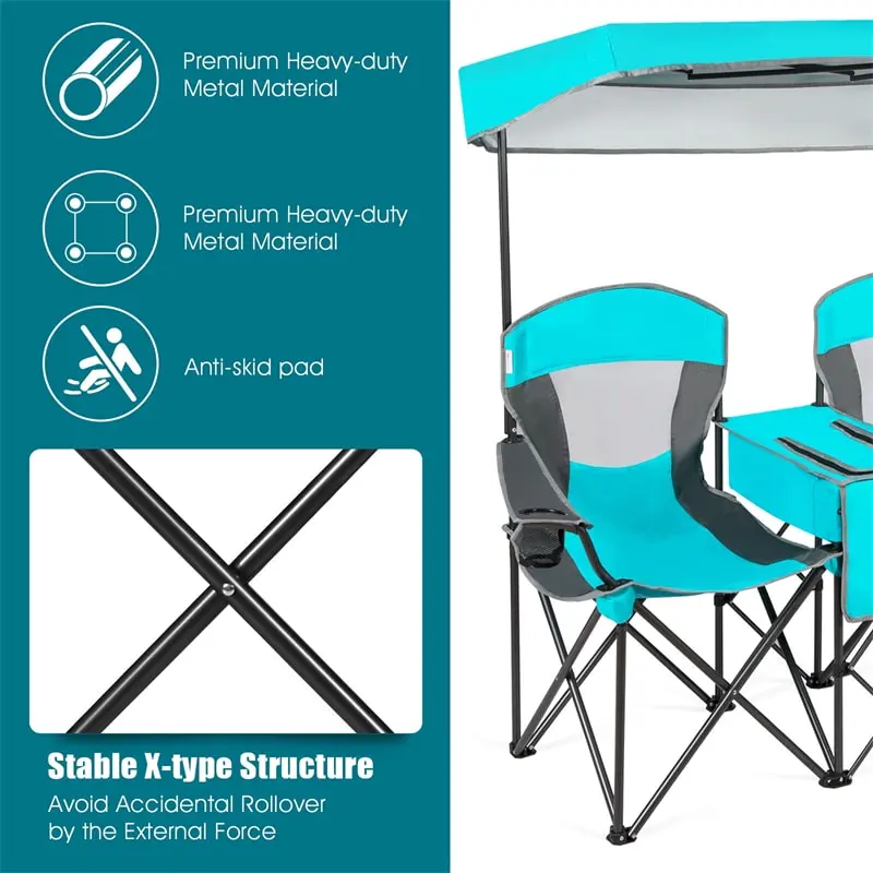 Folding Double Camping Chairs with Shade Canopy Portable Beach Chairs with Cup Holder