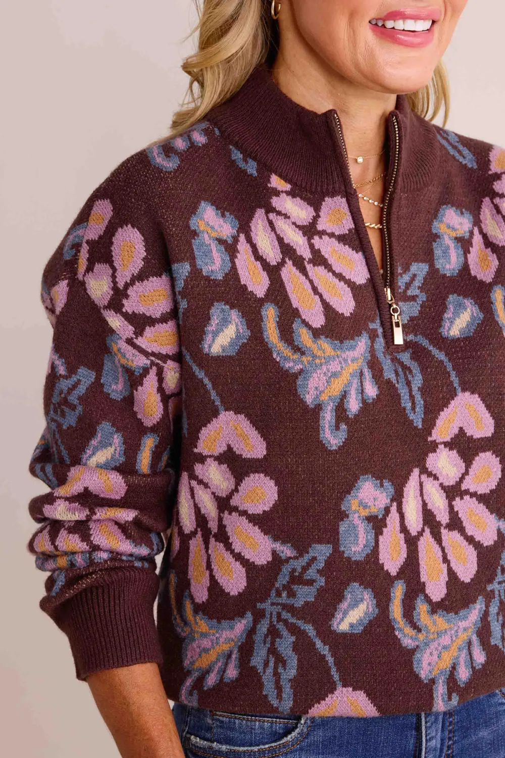 Brown Floral Print Half-Zip Sweater