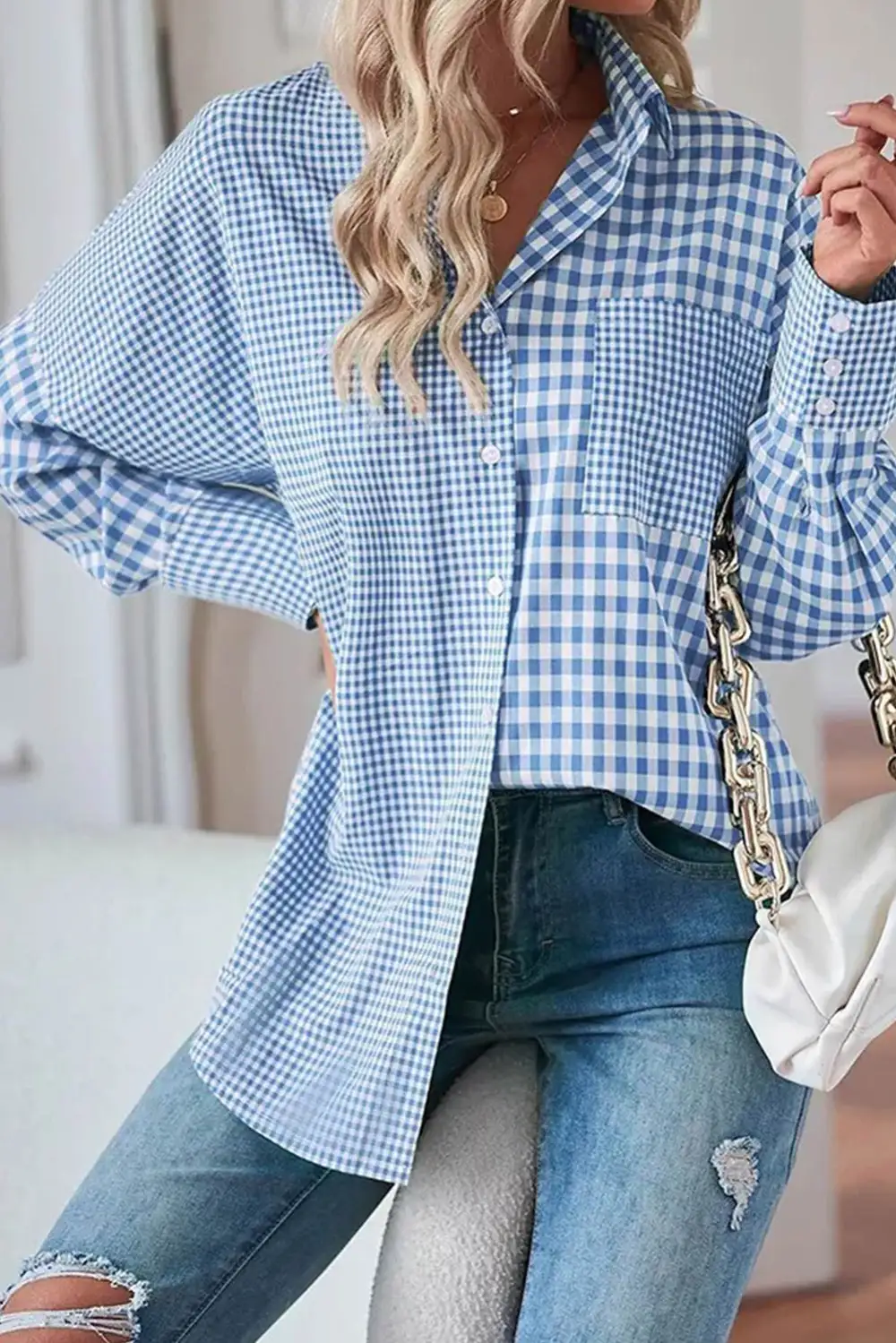 Sky Blue Stripe Plaid Patchwork Button Up Long Sleeve Shirt
