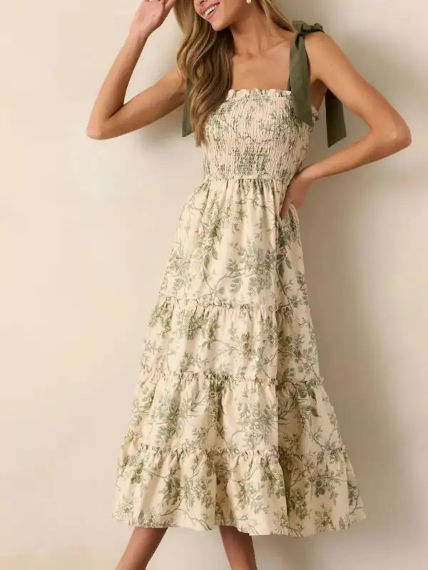 Drape Floral Printed Tiered Midi Dress