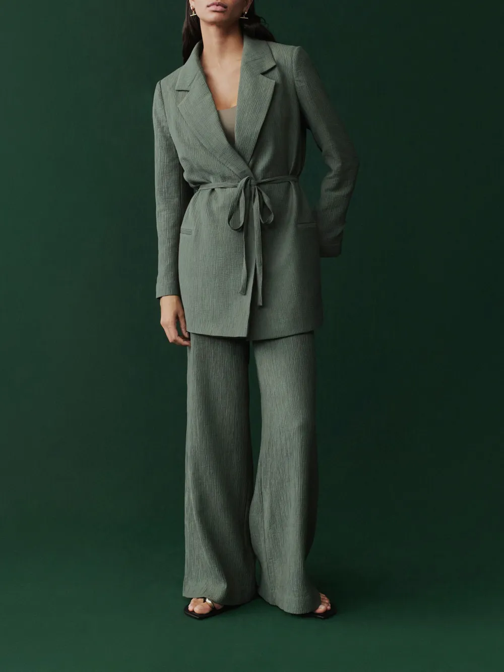 Green Textured Pleated Collar Casual Blazer