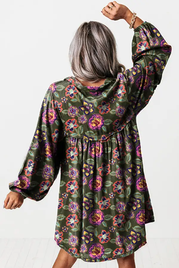 Soft Everyday Split Neck Bubble Sleeve Shift Mini Dress