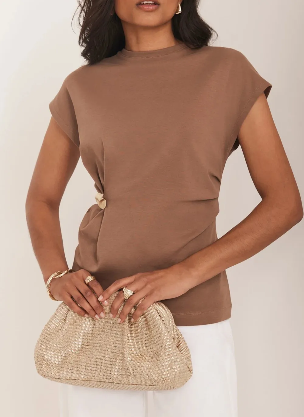 Casual Style Brown Gathered Detail T-Shirt
