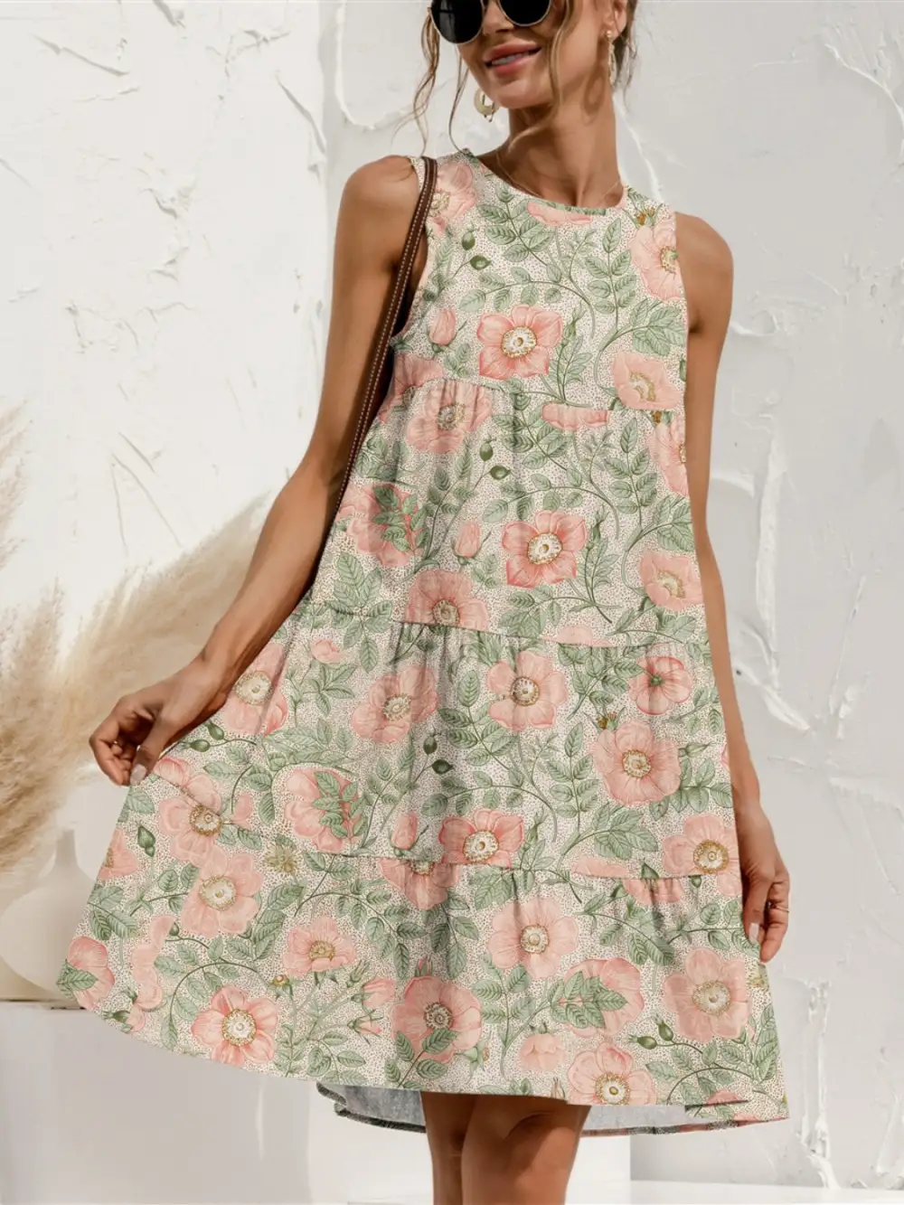 Tiered Printed Round Neck Sleeveless Boho Dress