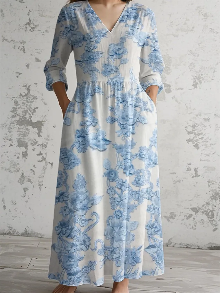 Blue Floral Ball Print V-Neck Dress