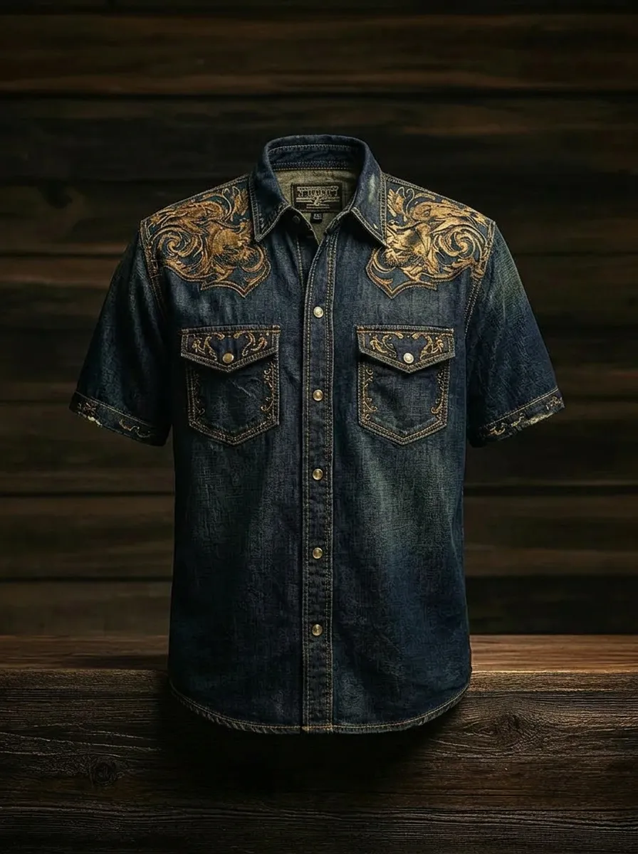 Men's Western Cowboy Gold Floral Embroidered Printed Denim Shirt